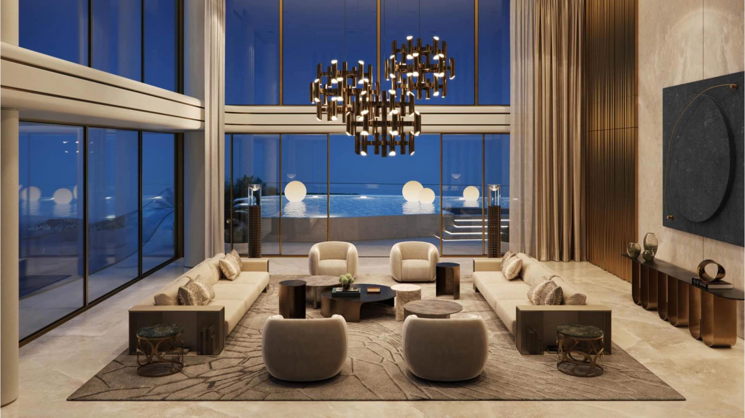 Elegant living room with marina views in Elie Saab Waterfront apartment
